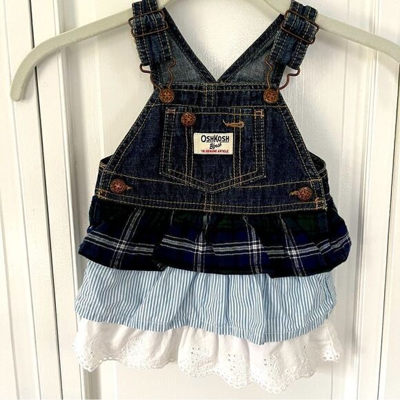 OshKosh B'Gosh Baby Girl 3 Tier Denim Flannel, Pinstripe, Eyelet Jumper Dress - Picture 1 of 3